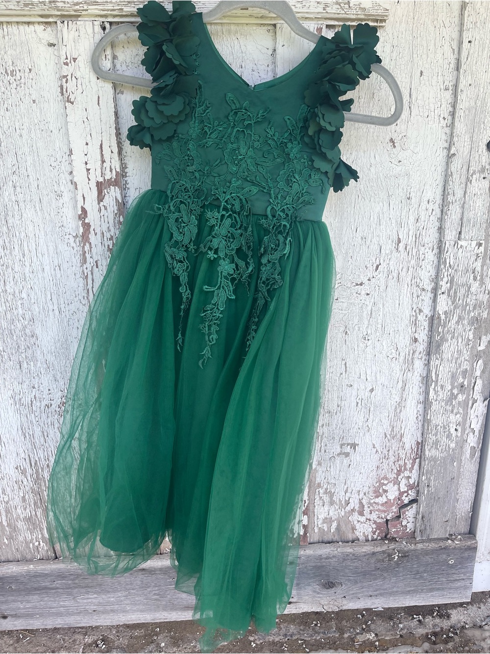 Emerald Green Floral Appliqué Tulle Dress Size 4 Girls
